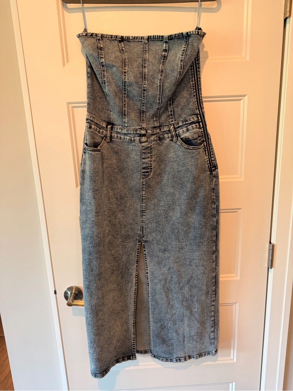 Le Lis Strapless Denim Midi Dress with Front Slit-Size L